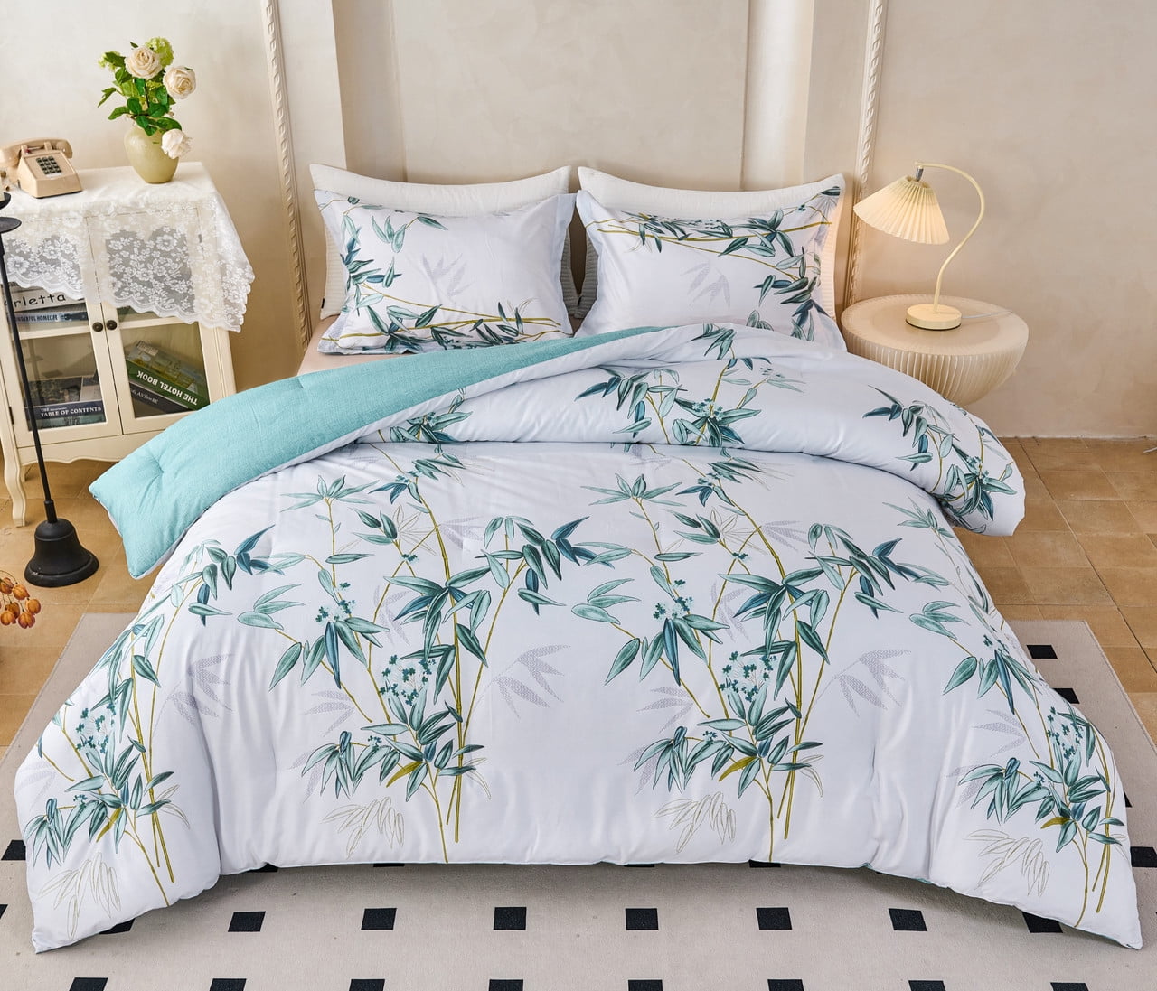Koniroom 3Pcs Green Comforter Set Queen Size– Reversible Microfiber Bamboo Botanical Bedding in Mint & White