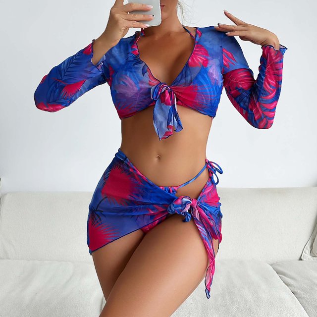 Daisyyozoid Swimsuits for Women Clearance Printed Bikini Straps Bikini Deep V Split Set Three Piece Set