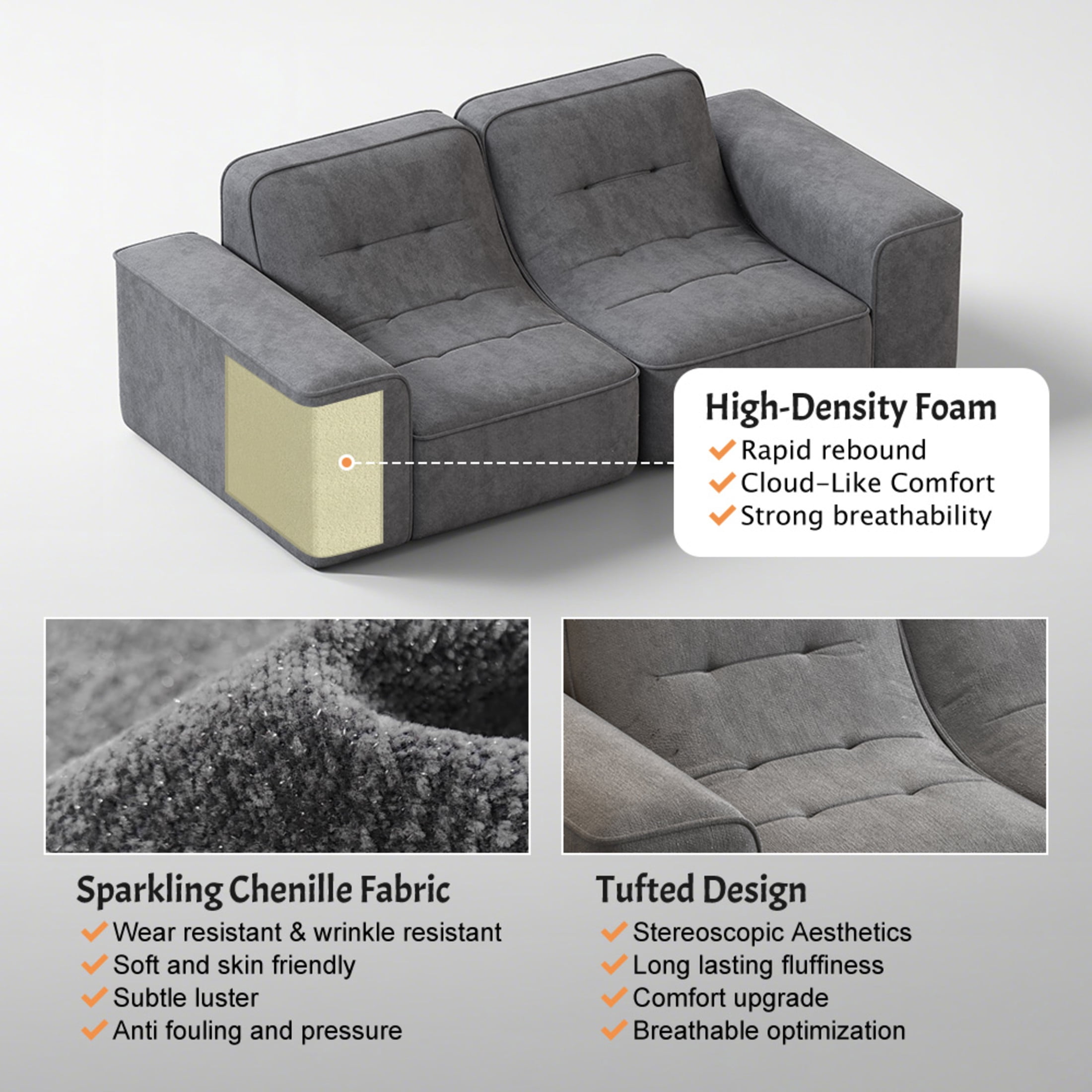 Noble House 84" Modular Sectional 3-Seater Sofa, Tufted Sparkling Chenille Deep Seat Couch, Living Room, Gray