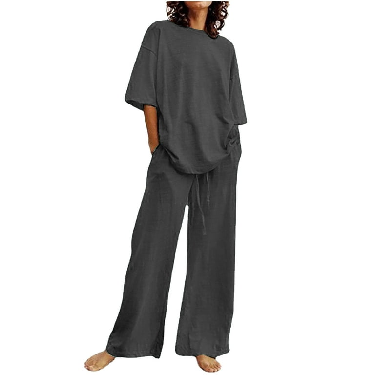Linen Sets for Women 2 Piece 2023,Women's Summer 2 Piece Outfits Cotton  Linen Top & Wide Leg Pants Lounge Set with Pockets