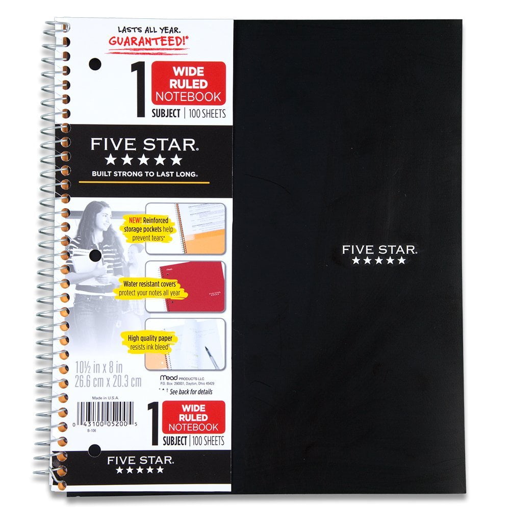 100 Wide-Ruled Sheets 1-Subject 10.5 x 8 Inch... Five Star Wirebound Notebook 
