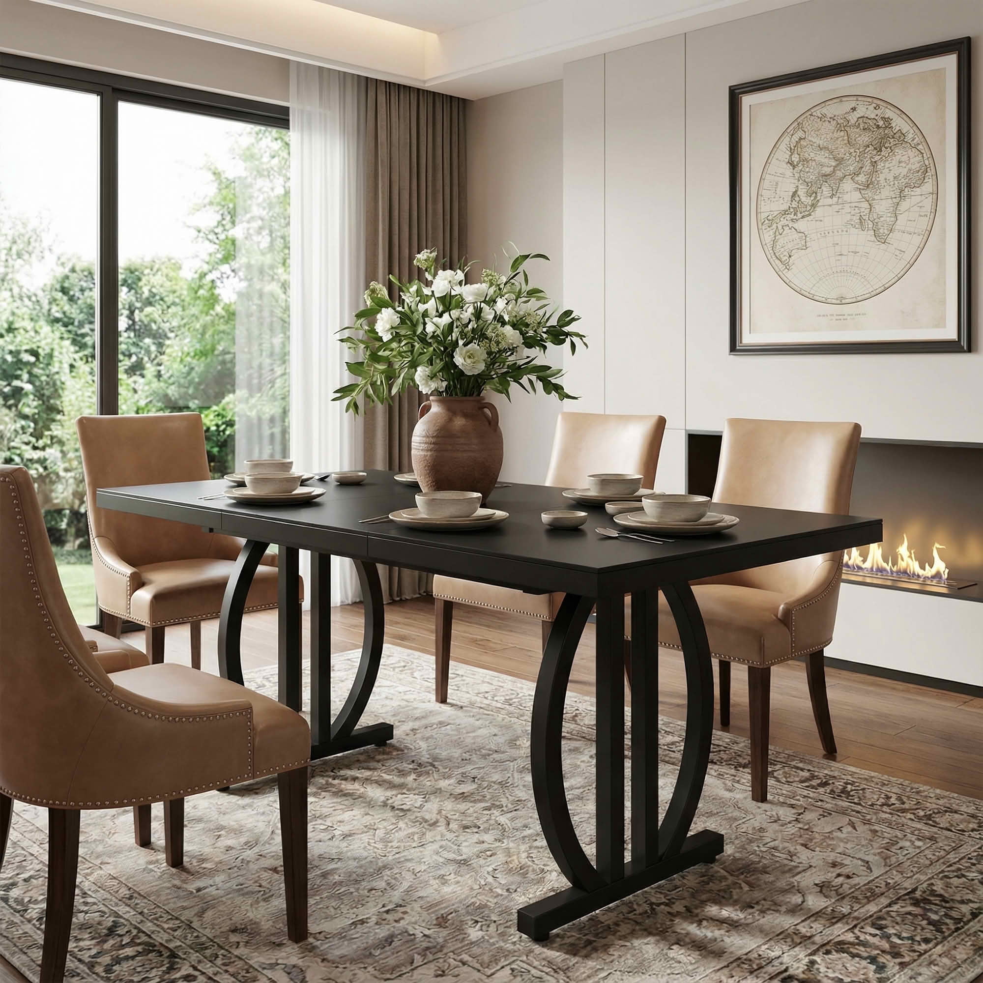 MAYEERTY 63 Inch Modern Dining Table, All Black Rectangular Kitchen Dinner Table with Sturdy Metal Frame for 4 to 6 People