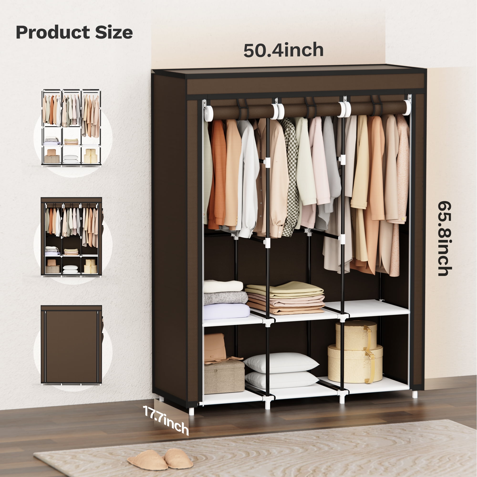 Riousery 51 Inch Portable Wardrobe Closet, 6 Storage Spaces with 3 Hanging Rods, Steel Frame Fabric Organizer, Easy Assembly and Dust Resistant Design, Brown