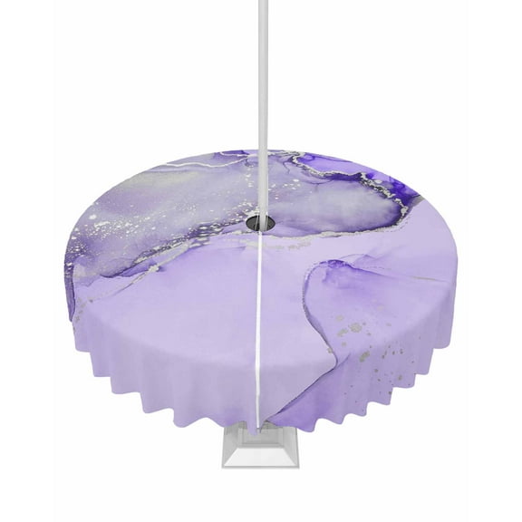 Outdoor Tablecloth with Umbrella Hole & Zipper, Purple Marble Round Tablecloth 60 Inch, Modern Abstract Waves Silvery Farmhouse Patio Table Cover Waterproof Table Cloth for Picnic/Party