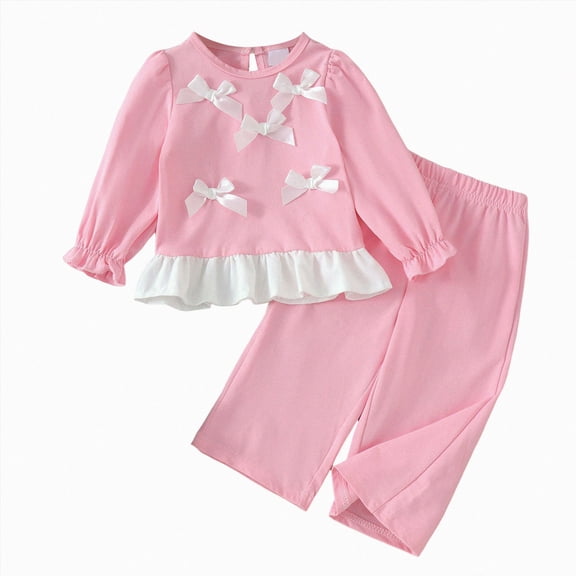 Linfrsh Fall Toddler Girl Outfits Girls' Cute Casual Three Bow Tie Color Coordinated Long Sleeved Top Long Pants Set