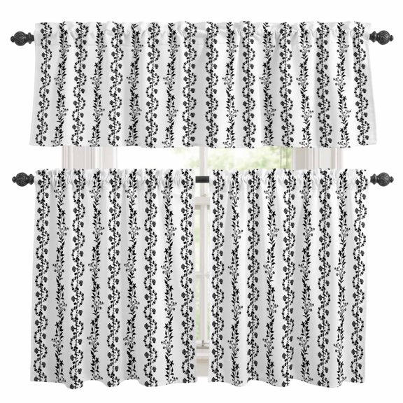 Leaves Kitchen Curtains and Valances Set, Watercolor Abstract Black Floral Leaf Stripes 3 Piece Curtains Valances and Tiers Set Rod Pocket for Kitchen Bathroom Windows 36 Inch