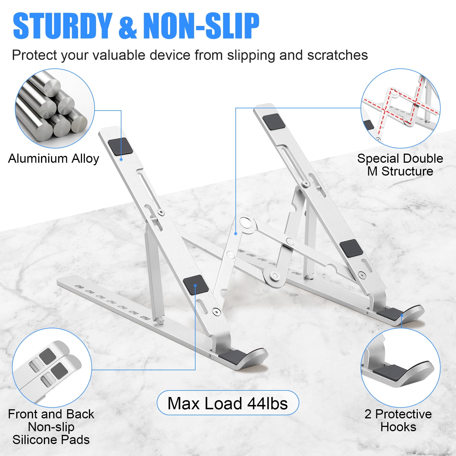 FIASON 1 Pack Silver Adjustable Laptop Stand,Compatible with 9-17" Laptop,7-Levels Ventilated Aluminum Laptop Holder for Desk,Ergonomic Universal Computer Stand with aluminum, metal and Rubber