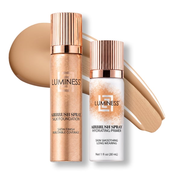 LUMINESS Silk Airbrush Spray Foundation & Primer Kit - Full Coverage Foundation, Anti-Aging Formula Hydrates & Moisturizes with Hyaluronic Acid, Aloe Vera & Hydrolyzed Silk (Shade - Light Medium)