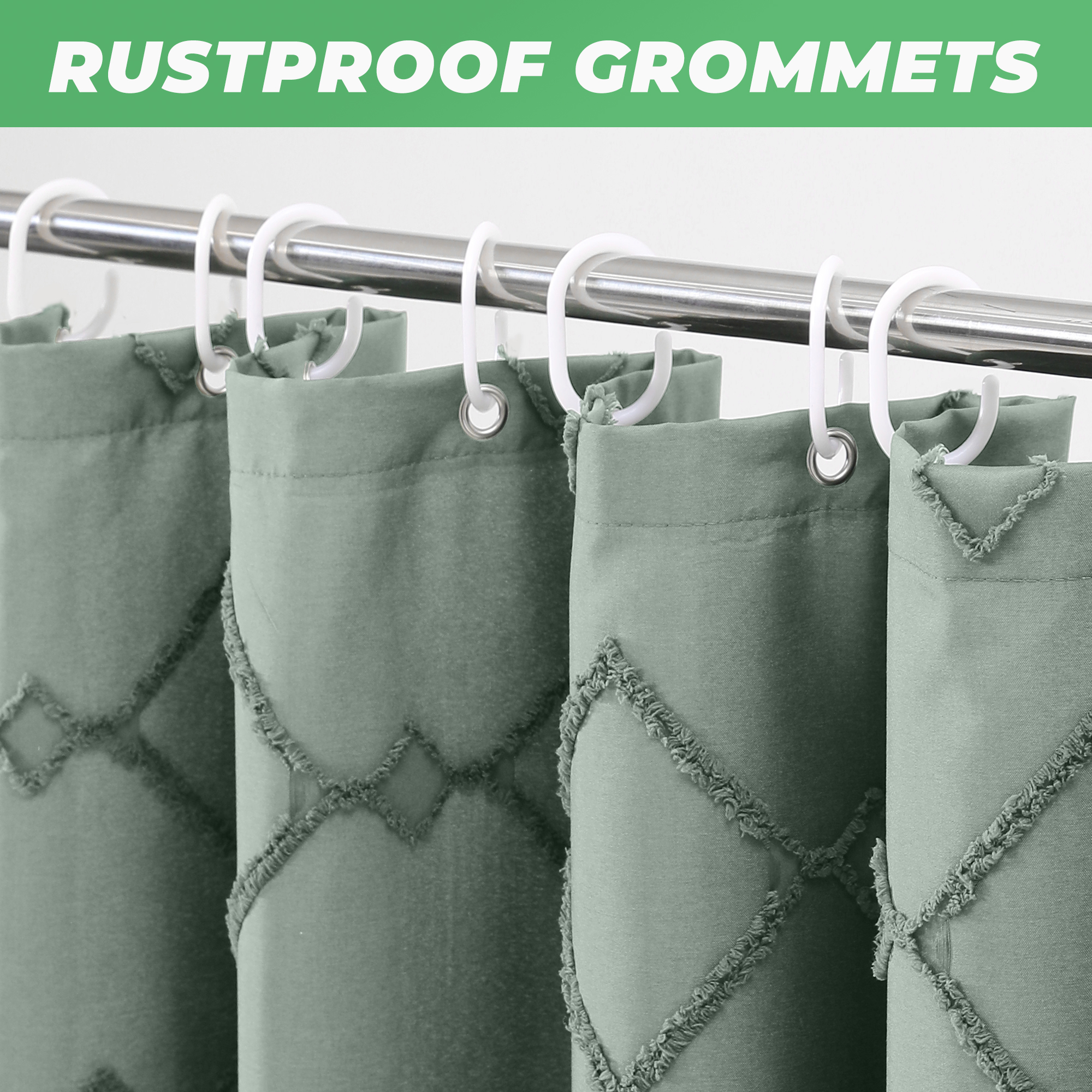 Seasonwood Boho Green Striped Fabric Shower Curtain with Hooks photo 4