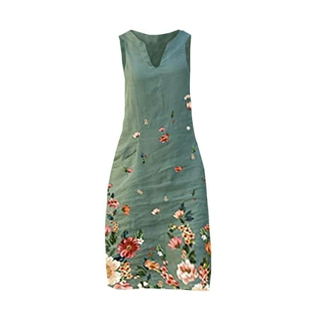 

ICQOVD Womens Linen Plus Size V-Neck Floral Print Sleeveless Vest Dresses