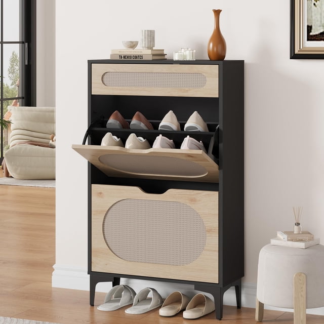 Ourlova Armoire à Chaussures en Rotin avec 2 Tiroirs Basculants et 1 Tiroir Support Libre Armoire de Rangement pour Chaussures avec Tablette Réglable à 3 Positions Armoire à Chaussures Étroite pour Entrée Ou Véranda