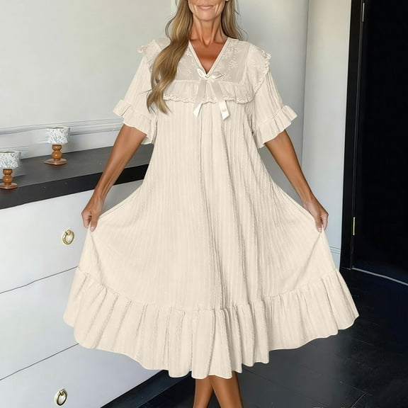 Censtreet Women's Pajama Dress, Short Sleeve V-Neck Sleepshirt with Built-In Bra, Fall Loose Nightgown