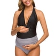 thumbnail image 5 of Ecavus Maternity Swimsuits Halter Deep V One Piece Swimwear (Black/Stripe M), 5 of 5