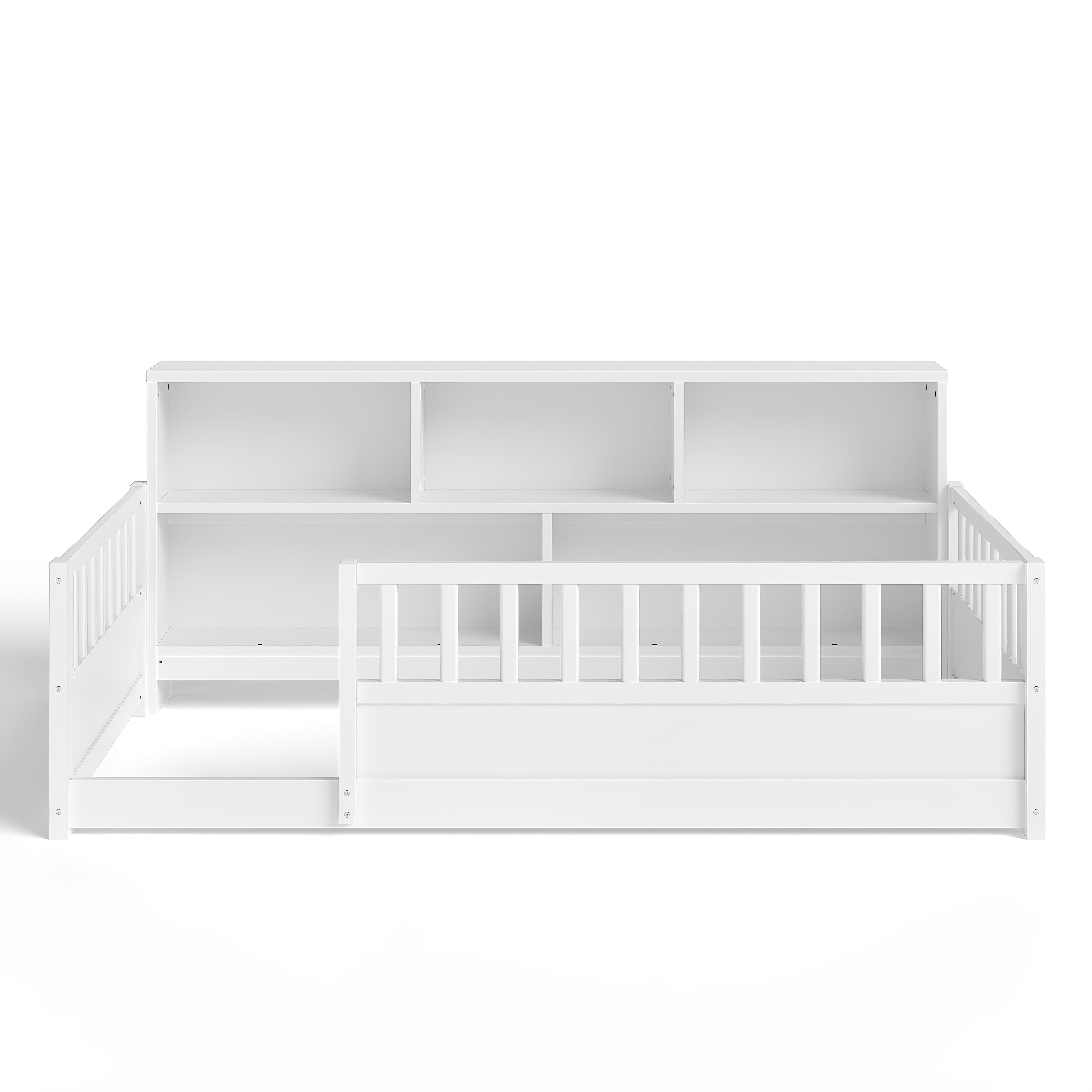 Miniyam Twin Size Wood Floor Bed with Guardrails, Storage & Bookshelf – Safe, Durable Design for Kids' Bedroom, White