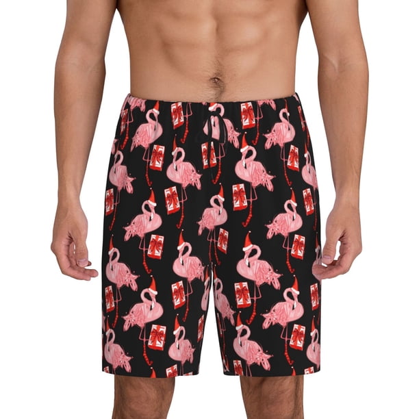 Balery New Year Flamingo Pantalones cortos de pijama de punto de algodón para hombre con cinturilla y bolsillos-Medium