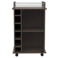 thumbnail image 3 of 32" H smoke oak bar-coffee cart, Kitchen or living room cabinet storage with with 4 wheels, with 6 bottle racks, a central shelf covered by 1 glass door, 1 support surface with aluminum front., 3 of 4