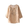 thumbnail image 2 of Brown Womens Tops Floral Tops Cotton Linen Shirts Boho Ethnic Style Tee Women 3/4 Sleeve V Neck Button Tunic Tshirt Shirts for Women, 2 of 4