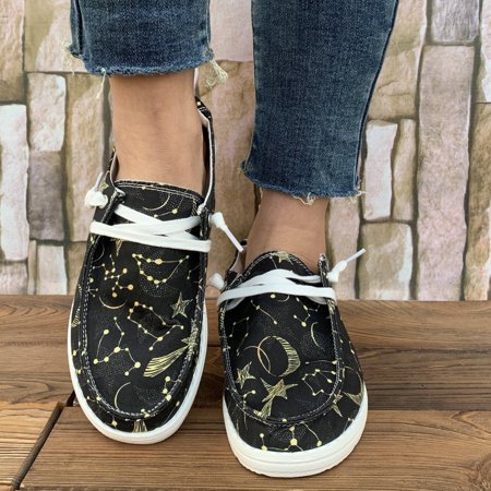 KINODAY Star & Moon Print Canvas Shoes Casual Lace Up Outdoor Shoes Lightweight Low Top Sneakers