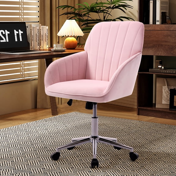 Xukmct Adjustable Desk Chair Office Chair with Wheels, Velvet Upholstered Swivel Task Chair for Living Room, Office, Pink