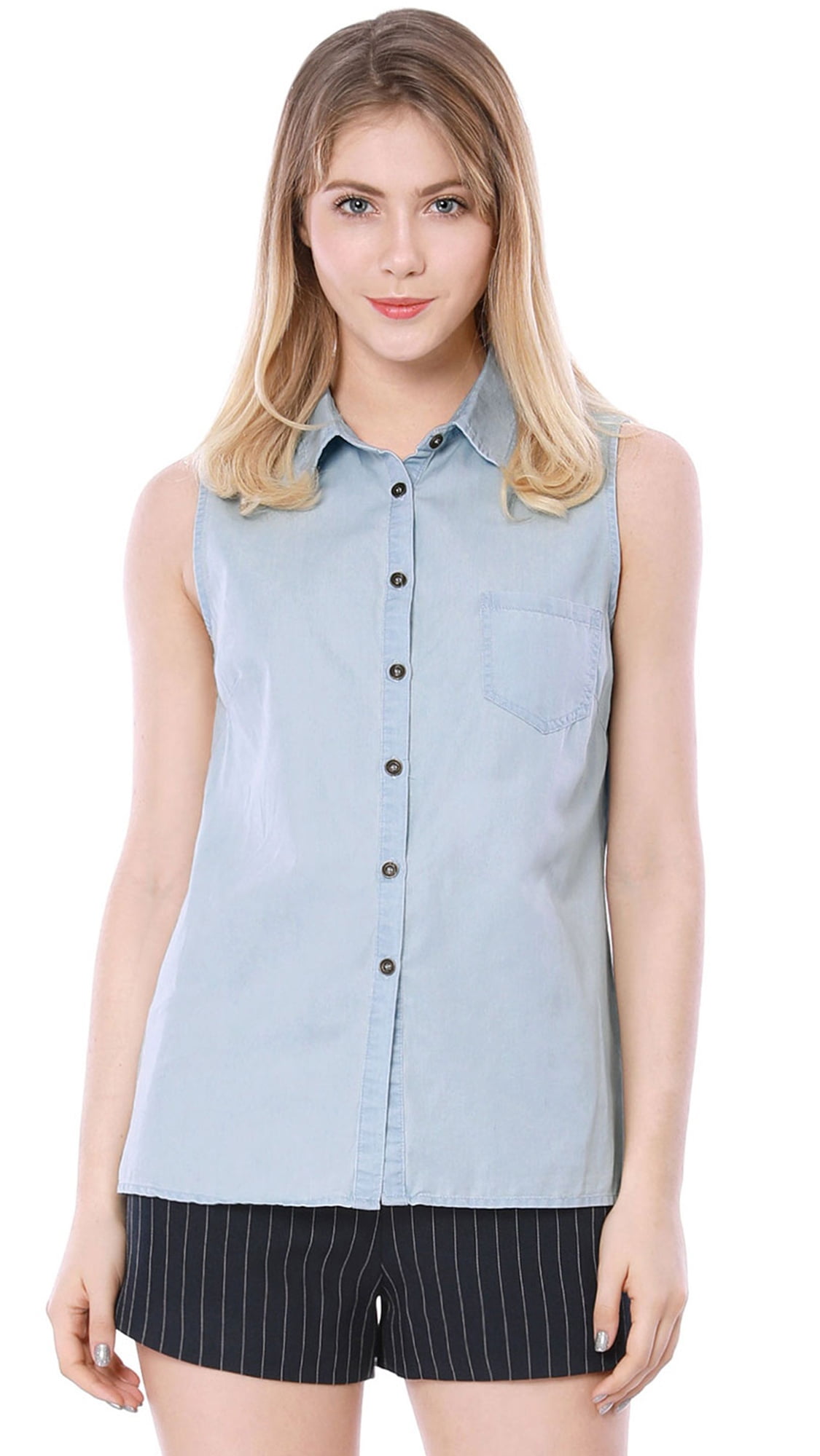 Allegra K Women's Point Collar Single Breasted Sleeveless Shirt