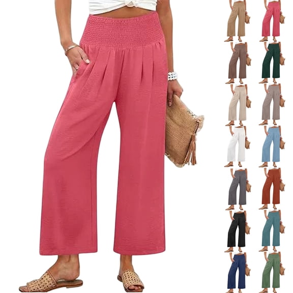 HKYNLAG Womens Wide Leg Palazzo Pants Summer Beach High Waisted Cropped Flowy Pants 2026 Dressy Casual Trousers with Pockets Hot Pink L