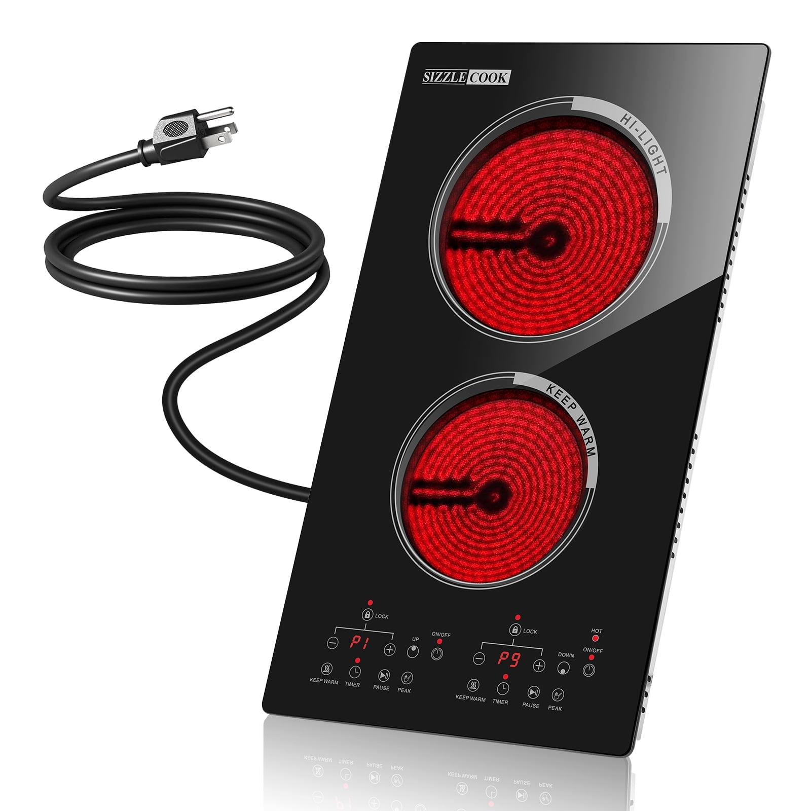 SizzleCook 2 Burner Electric Cooktop 110V Plug In, Countertop & Built-in Ceramic Stove Top, Kitchen 12 inch Portable Infrared Double Burner Electric Stovetop with Outlet Plug, Child Safety Lock?