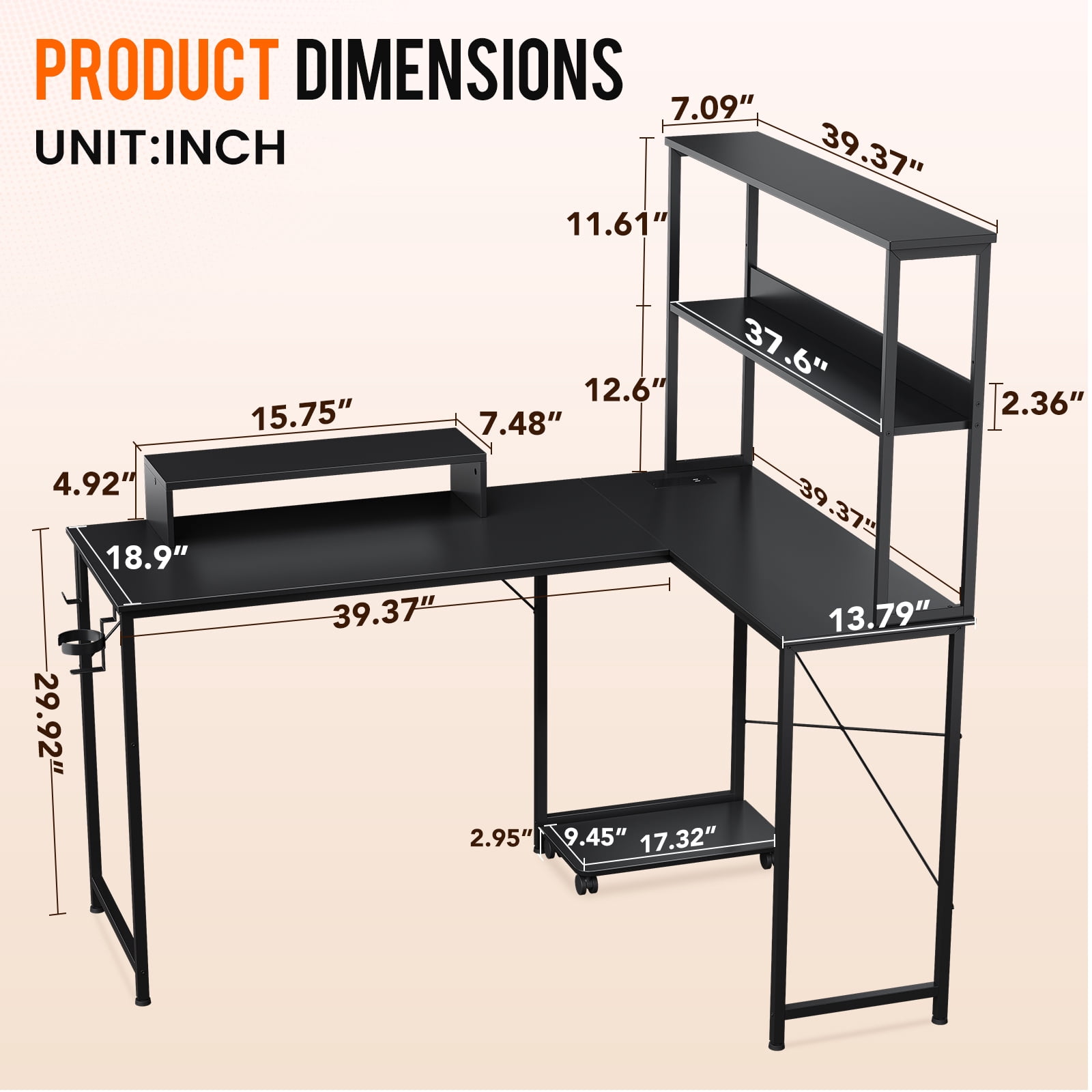 CLOUDREST PTO 53" L-Shaped Office Desk with Hutch & Power Outlets, Black