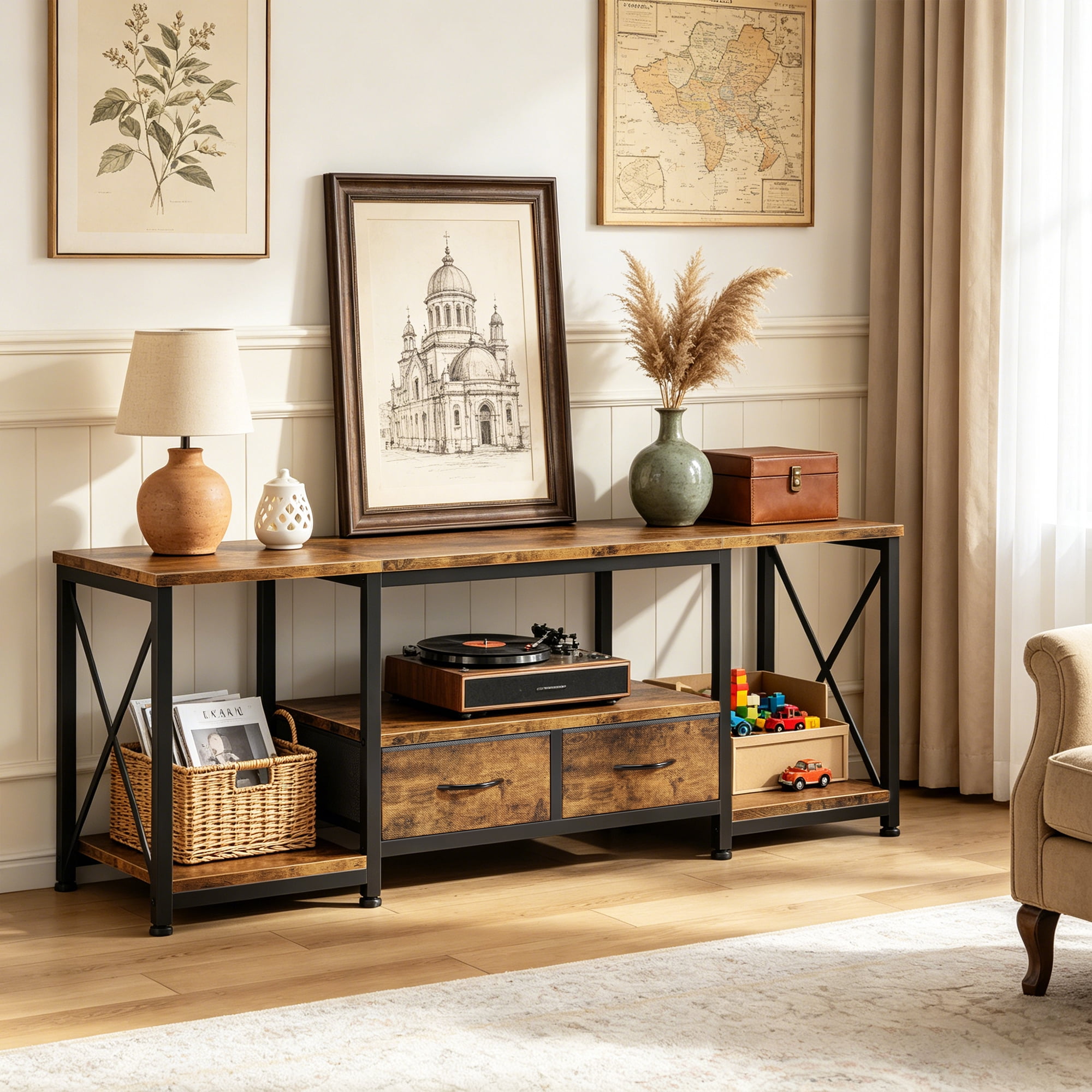 HIGDBFE TV Stand for TVs up to 55" with 2 Fabric Drawers, Industrial Entertainment Center with Open Shelves and Led Lights for Living Room Bedroom, Rustic Brown