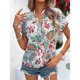 thumbnail image 2 of Mujeres camisa de manga corta V cuello rollo dobladillo puños blusa impresión decoración niñas verano Top verde impresión S, 2 of 8