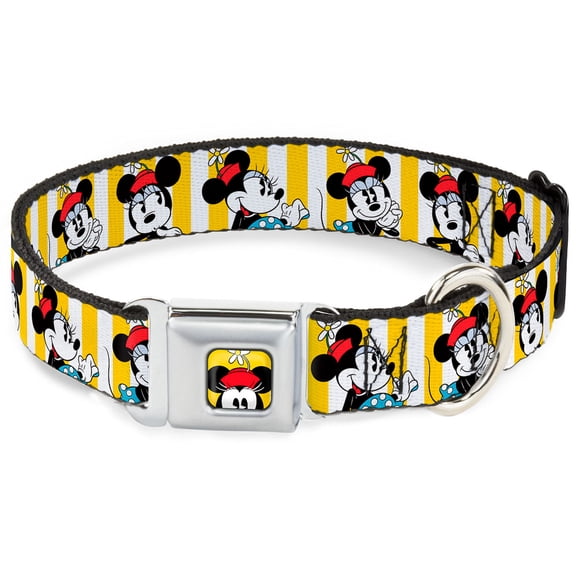 Disney Pet Collar, Dog Collar Metal Seatbelt Buckle, Minnie Mouse Hat Poses Stripe Yellow White, 9.5 to 13 Inches 1.0 Inch Wide