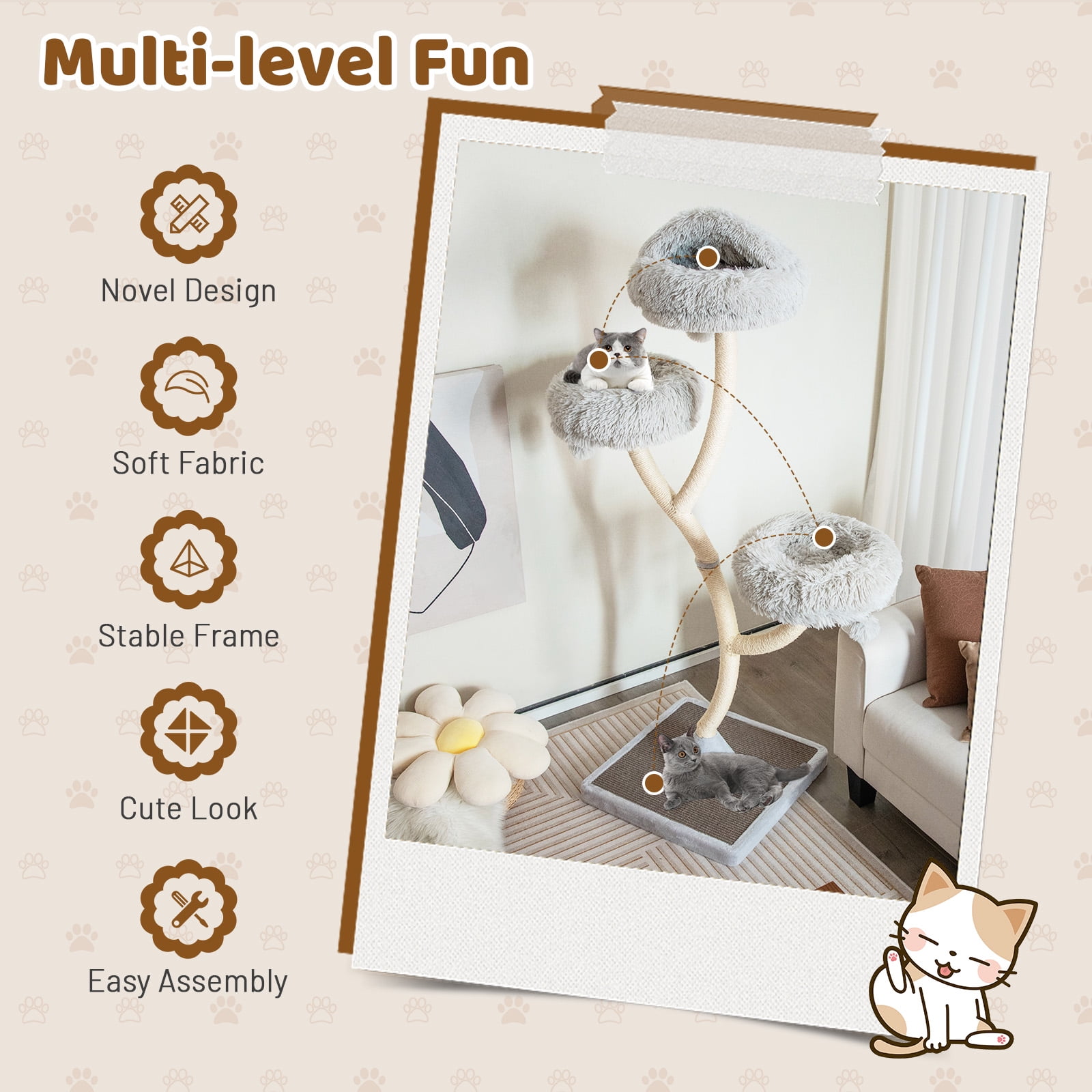 Costway Cat Tree Tower 70'' Multi-Level Kitten Activity Center with 3 Perches & Balls Gray