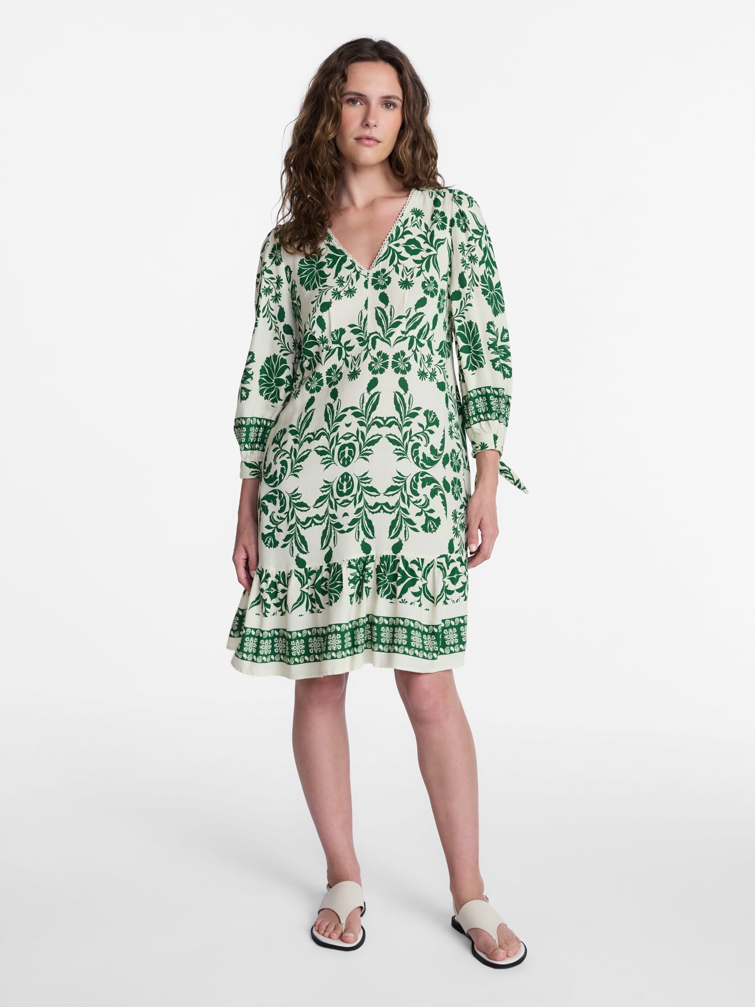 Time and Tru Women's Linen-Blend Border Print Mini Dress, Sizes XS-XXXL