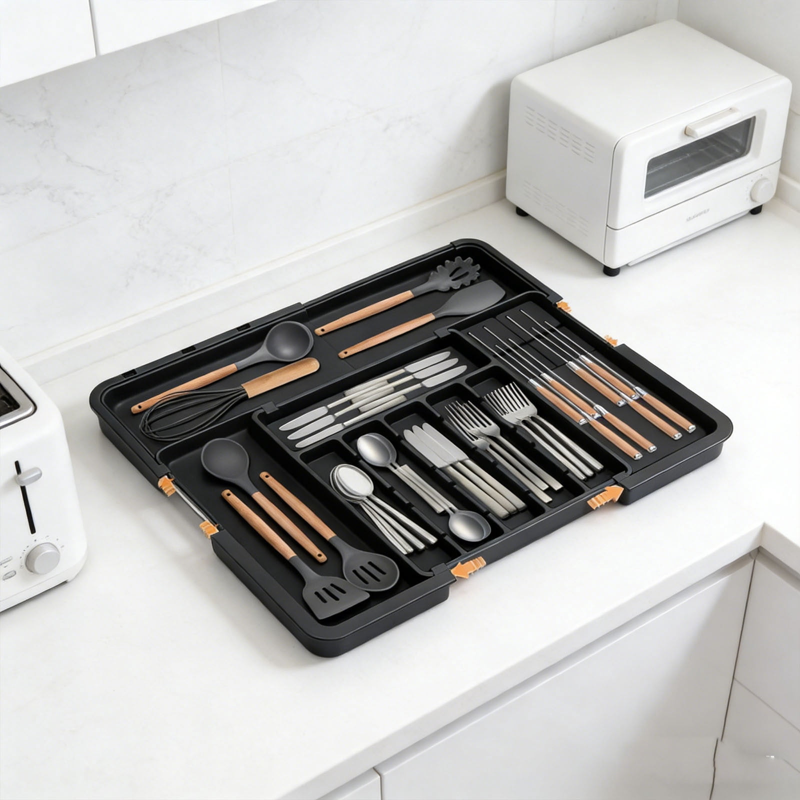 Expandable Kitchen Utensil Organizer Drawer Tray, 9 Compartment Silverware Storage Box, Adjustable Drawer Divider for Forks Knives Spoons, Scalable Kitchen Tool Organizer, Easy Clean Drawer Tray