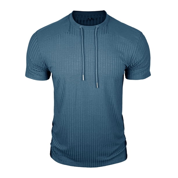 Mens Casual Manga Corta Botón Abajo Camisas Cuello Redondo Sólida Camisa de Parche para Al Aire Libre, Casual, Uso Diario
