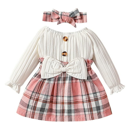 

LLDYYDS Kids Toddler Cute Baby Girl Ruffle Long Sleeve Plaid Round Collar Bowknot Party Dress Fall Winter Skirt Outfit with Plaid Hair Band