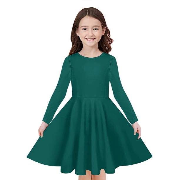 Odeerbi Niñas Manga Larga A-Vestido de Manga Larga Para Niñas Vestido Acampanado de Primavera Vestido Elástico de Colores Sólidos Vestido de Patinadora Twirly Vestido de Recital Escolar