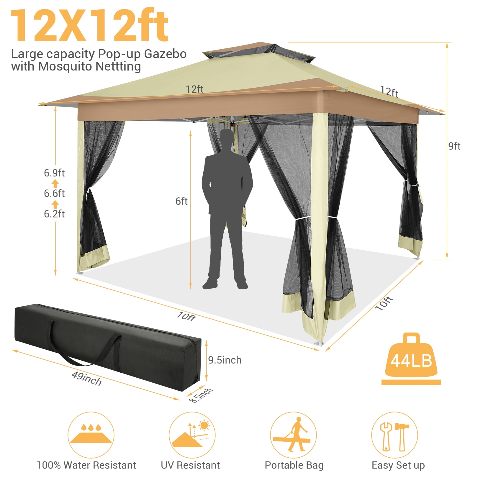 COBIZI 12x12 Outdoor Gazebo Pop Up Gazebo Canopy with Mosquito Netting Patio Tent Backyard Canopy with 2-Tiered Vented Top 3 Adjustable Height, Beige