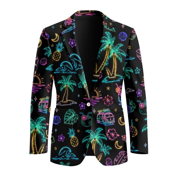 Uourmeti Slim Fit Single Button Blazer Jacket with Neon Tropical Print, Polyester Lightweight Long Sleeve Coat for Business and Formal Prom