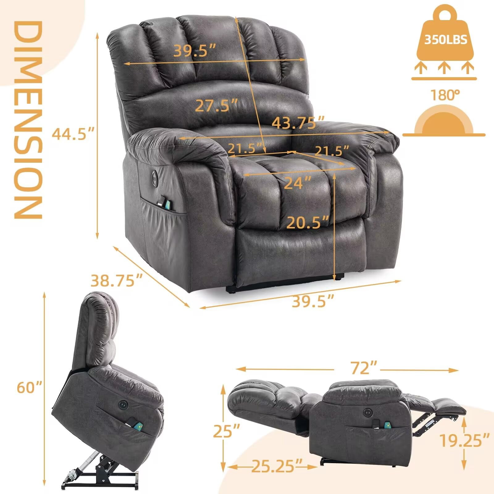 W WARMHOL Lay Flat Sleeping Dual Motor Electric Lift Recliner w/Heat Massage for Big People, Large Infinite Position Reclining Chair Up to 350 LBS for Living Room, 2 Remote Controls/USB Port, Grey