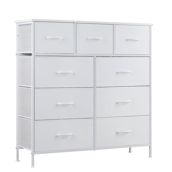 9-Drawer Dresser, Fabric Storage Tower for Bedroom, Hallway, Closet, Tall Chest Organizer Unit for Bedroom with Fabric Bins, Steel Frame, Wood Top, Easy Pull Handle, White