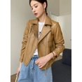 thumbnail image 5 of Abrigo de piel natural de oveja para mujer, chaqueta de moto de cuero genuino con cuello entallado y cremallera corta de lujo a la moda, chaqueta femenina, 5 of 5