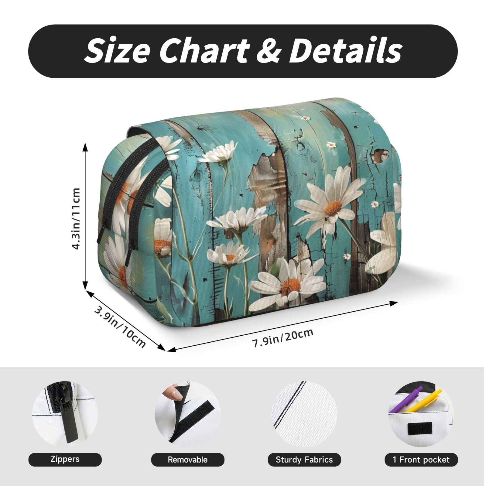 Large-Capacity Flip-Top Double-Layer Pencil Case, Multi-Functional Pocket Pen Case, Durable Stationery Organizer Turquoise Wood Farmhouse Sunflowers (9)