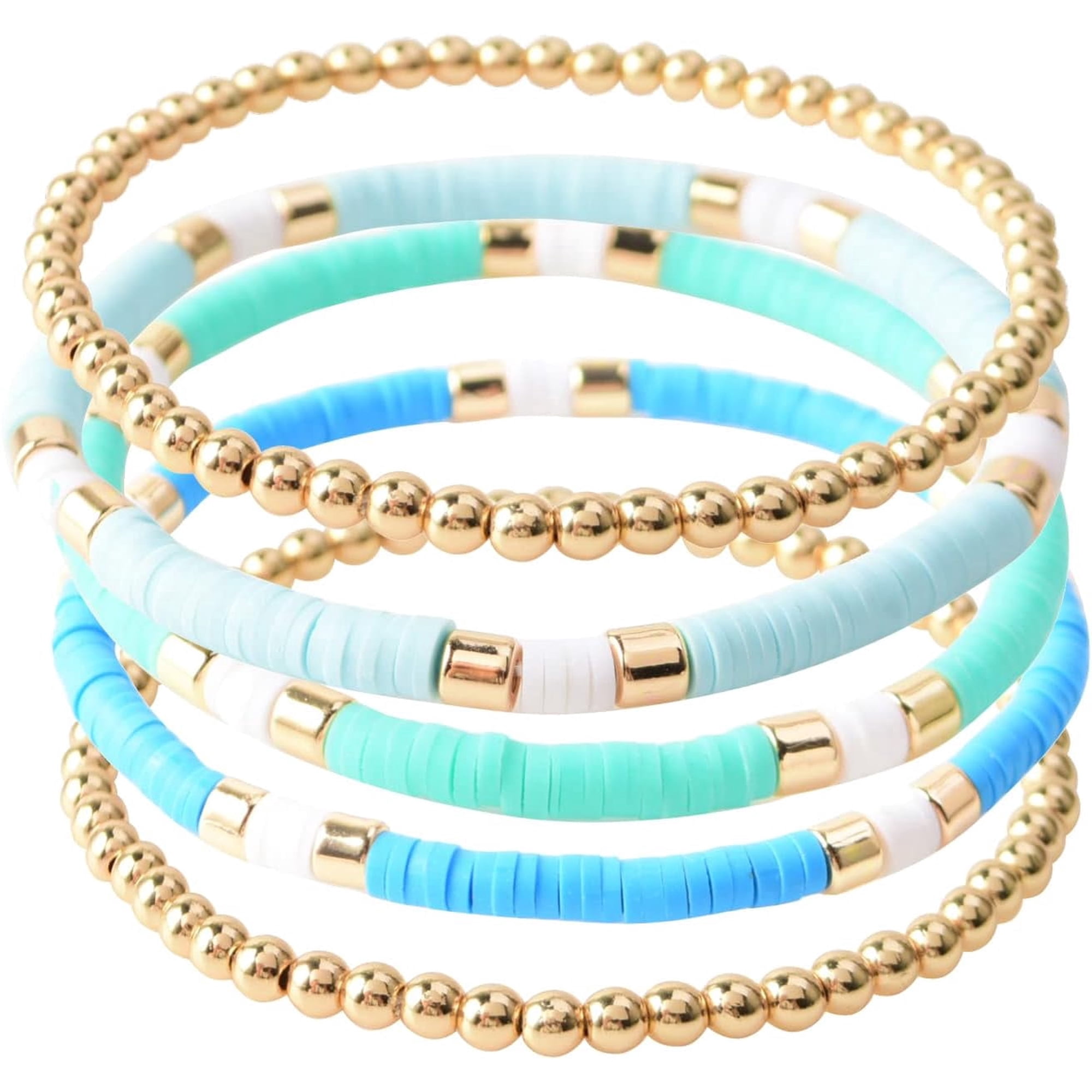 BooToolSurfer Heishi Clay Bead Bracelets for Women Bohemian Stackable Gold Plated Beaded Stretch Bracelets Elastic Layering Friendship Bracelets Set Boho Jewelry