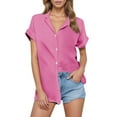 thumbnail image 2 of Business Casual T Shirts for Women Short Sleeve Button Down Collared Cotton Linen Casual Loose Plain Tshirt Blouse, 2 of 8