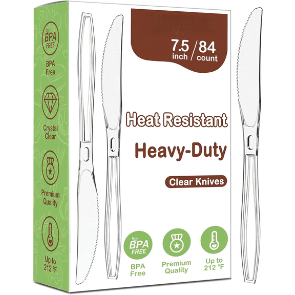7.5" Clear Plastic Knives Heavy Duty Upgraded Heat Resistant & BPA Free, Solid and Durable Plastic Cutlery, Premium Disposable Knives, for Party Supply(84 Count)