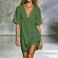 thumbnail image 6 of Ihhxva Cotton Dress for Women V-Neck Short Sleeve Relaxed Fit Cropped Stretchable Summer Loose Solid Color Mini Length Shift Style Sundress Beach Vacation Party S-2XL, 6 of 9