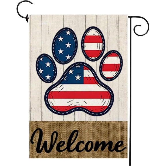 Welcome American Dog Paw Patriotic 4th of July Garden Flag 12x18 Double Sided Outdoor Yard Decoration
