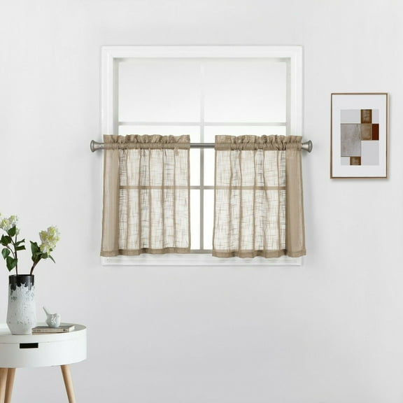 Set of 2 Linen Textured Semi Sheer Window Treatment Curtain Tiers 24 Inches Long for any Small Window, (27"W x 24"L, Taupe)