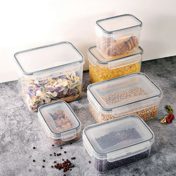 Recipientes de plástico transparente para almacenar alimentos con tapas - Juego hermético de 6 piezas para la organización de la despensa, apilable y sellado