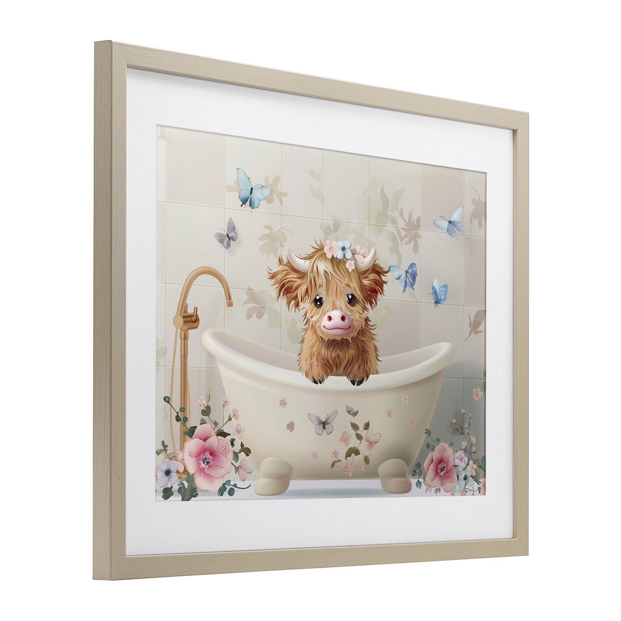 Baby Cattle in Floral Tub Birch Framed Print Under Glass, design by Shawna Stewart
